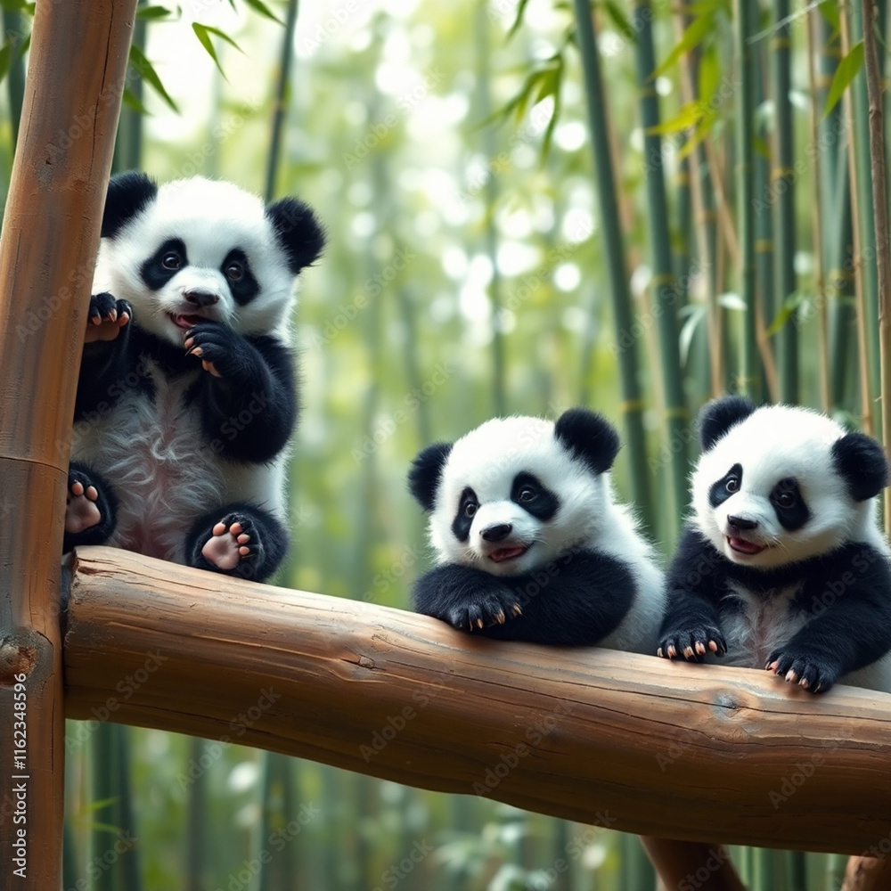 Obraz premium Baby Pandas Playing in Natural Bamboo Habitat