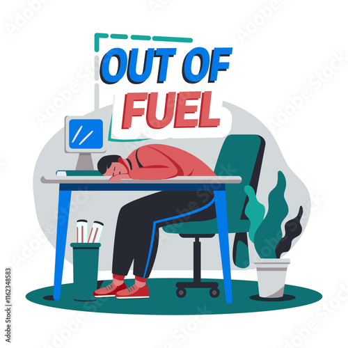 A flat illustration of burnout character sleeping on his desk