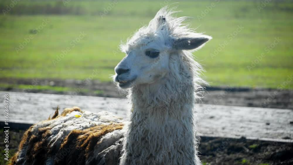 Portrait Lama in animal farm in an open enclosure, standing in meadow Portrait Lama in animal farm in an open enclosure, standing in meadow