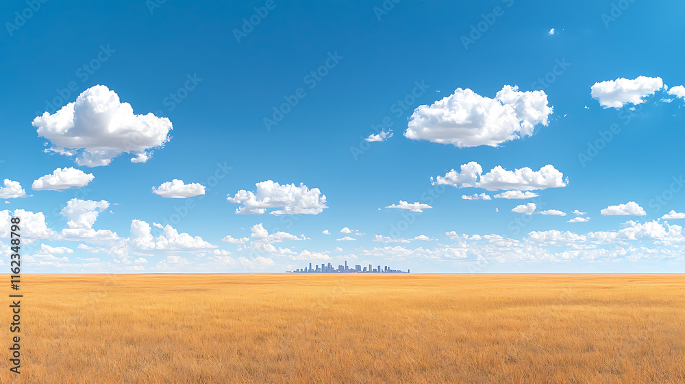 Obraz premium panoramic view of golden prairie under bright blue sky with fluffy clouds, showcasing distant city skyline