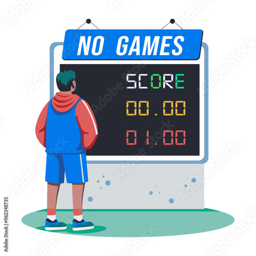 A flat illustration of a character checking game scoreboard 