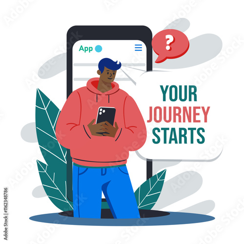 A flat illustration of a character searching query on mobile app 