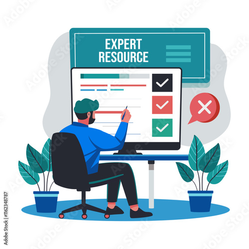 A flat illustration of an expert resource character working on a system 