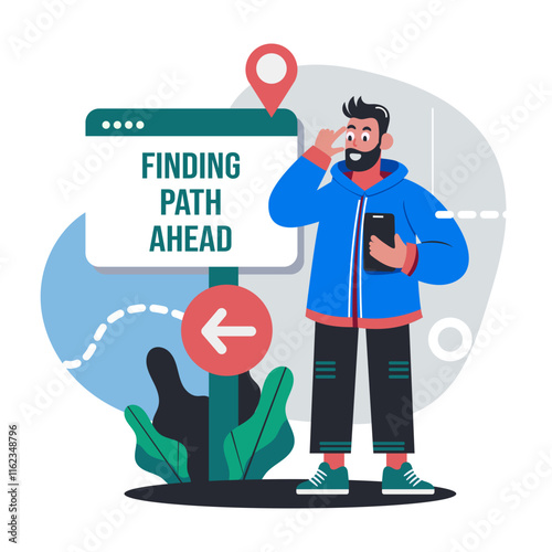 A flat illustration of character using finding path app 