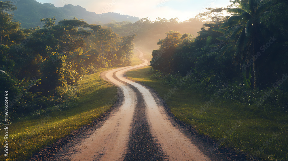 Winding dirt road through lush greenery in tropical landscape, evoking sense of adventure and tranquility. sunlight filters through trees, creating serene atmosphere Winding dirt road through lush greenery in tropical landscape, evoking sense of adventure and tranquility. sunlight filters through trees, creating serene atmosphere