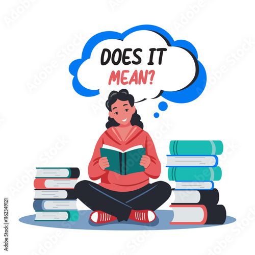 A flat illustration of a character reading book 