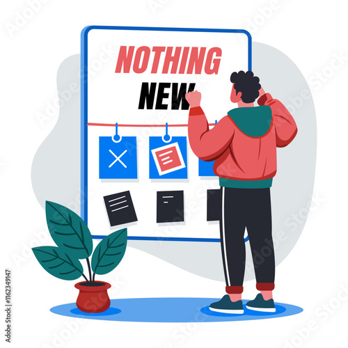 A flat illustration of character with nothing new typography 