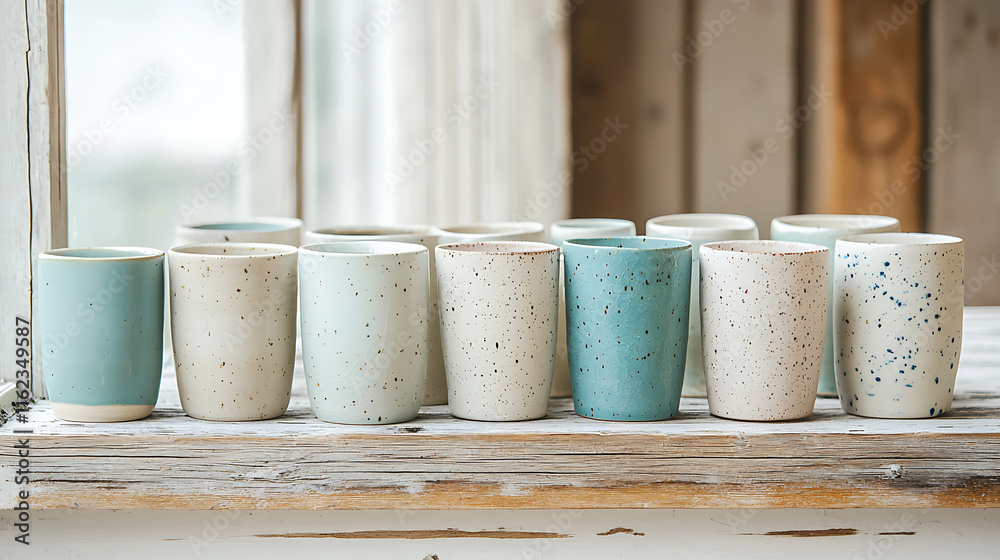 Handmade ceramic cups with authentic glazing in various colors and textures Handmade ceramic cups with authentic glazing in various colors and textures