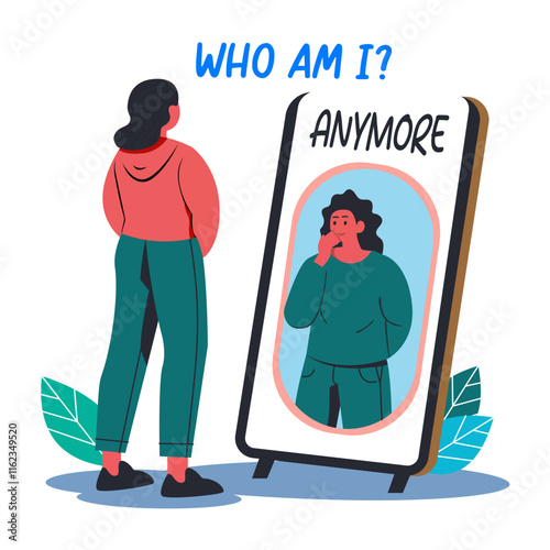 A flat illustration of a character standing in front of mirror having self doubt 