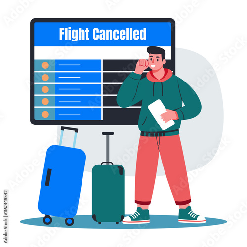 Flight cancelled illustration of worried character with luggage 