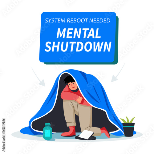 Mental shutdown illustration of a character in flat style 