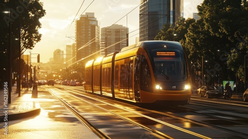 Modern tram travels city street at sunset.