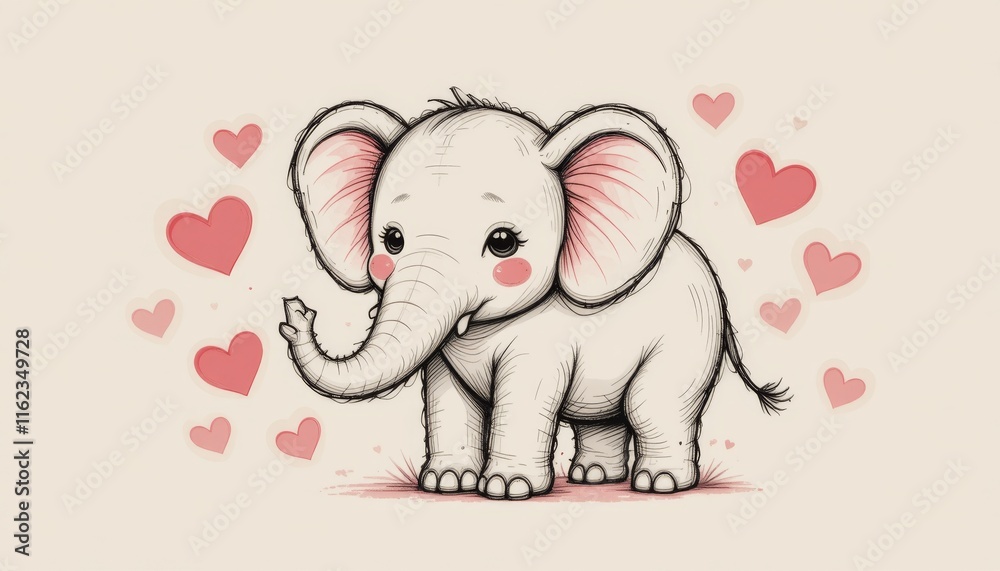 Fototapeta premium Cute elephant character surrounded by hearts expressing love and joy in a playful design