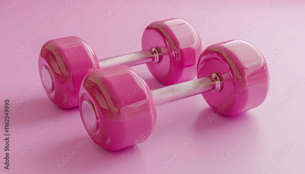 Bright pink dumbbells on a smooth pink surface for workout routines Bright pink dumbbells on a smooth pink surface for workout routines