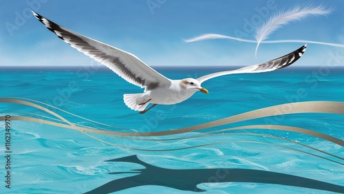 Seagull flying gracefully over turquoise ocean waves in a vibrant and serene coastal illustration with copy space
 photo