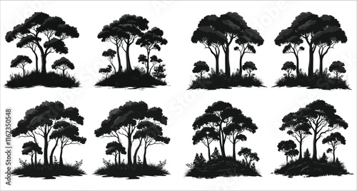 Set of natural forest tree silhouettes vector, Set of natural tree silhouettes vector design, Natural forest tree silhouettes collection, Abstract forest tree silhouettes vector design