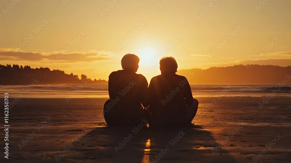 Silhouette of two people sitting on a beach during a stunning sunset, capturing a moment of connection and tranquility by the sea. Silhouette of two people sitting on a beach during a stunning sunset, capturing a moment of connection and tranquility by the sea.