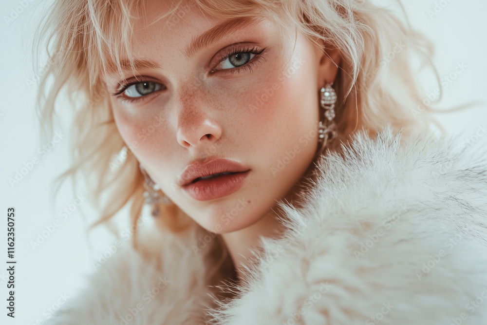 Close up glamour portrait of beautiful fashion woman. Winter shot of a beautiful woman wearing white fur coat.