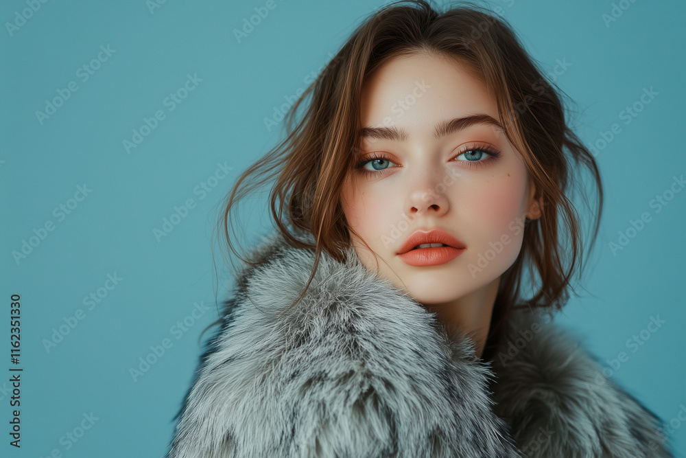 Studio shoot of a beautiful elegant woman wearing grey fur coat. Close up portrait of beautiful woman. Studio shoot of a beautiful elegant woman wearing grey fur coat. Close up portrait of beautiful woman.