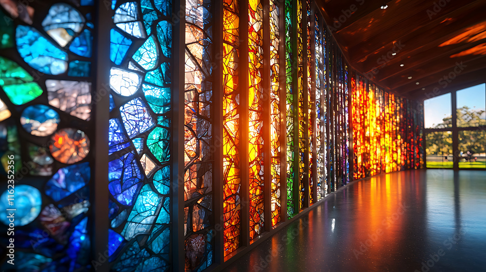 Colorful stained glass windows create vibrant display of light and color, enhancing architectural beauty of space Colorful stained glass windows create vibrant display of light and color, enhancing architectural beauty of space