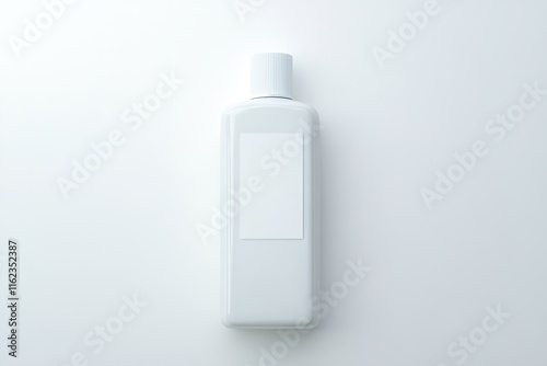 top-down view of minimalist body lotion bottle featuring blank white sticker centered on pure white surface with soft