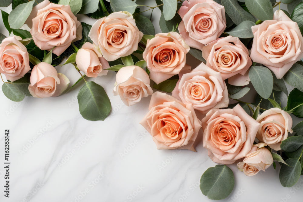 Freshly cut peach roses arranged with green leaves for decoration