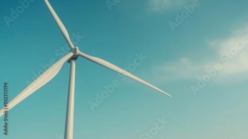 close-up of wind turbine blades connected to glossy hub fine details highlighted under soft lighting with blurred blue photo