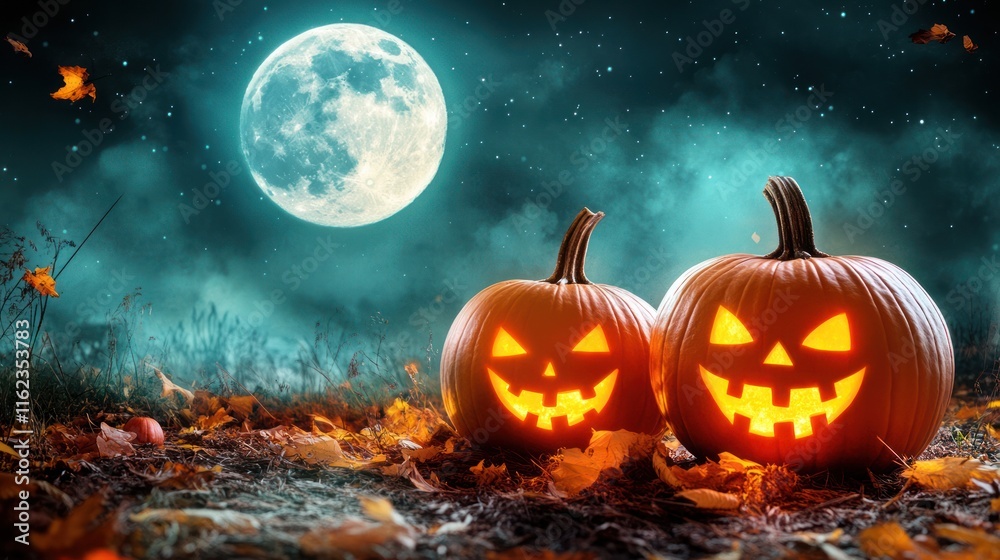 Spooky Halloween Night: Jack-o'-lanterns under the Full Moon Spooky Halloween Night: Jack-o'-lanterns under the Full Moon