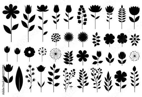 grid of various black floral silhouettes, including flowers and leaves, is shown as a thumbnail for graphic resources within a website interface