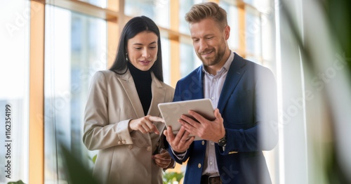 Tablet, meeting and business people in office with research for break in finance stock market. Discussion, digital technology and financial advisors with online revenue, profit or equity report