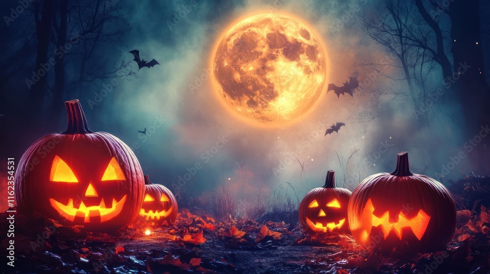 Spooky Halloween Night: Jack-o'-lanterns under a Harvest Moon Spooky Halloween Night: Jack-o'-lanterns under a Harvest Moon