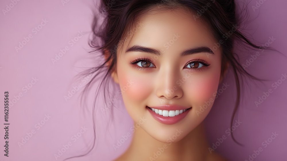 Obraz premium Radiant Woman: Soft Light, Peach Blush, and Gentle Smile