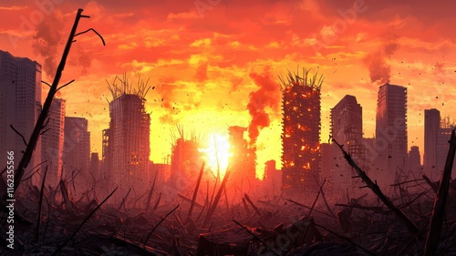 Apocalyptic city skyline at sunset with smoke and debris by war.