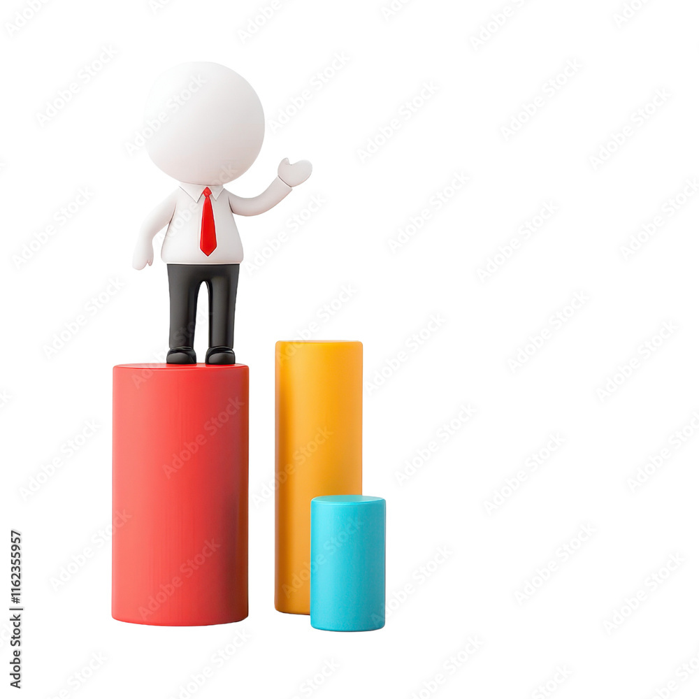 A small figurine with a white head and red tie stands on colorful cylindrical shapes, gesturing with one hand. A small figurine with a white head and red tie stands on colorful cylindrical shapes, gesturing with one hand.