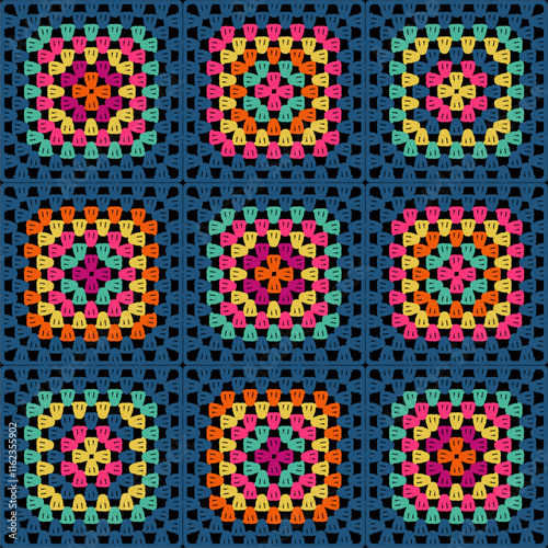 Pattern with crochet granny square wallpaper handmade decorative art design print