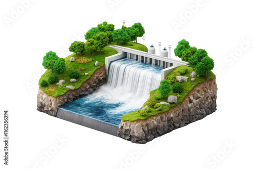 A detailed miniature model of a waterfall cascading down rocks, surrounded by lush green trees and a small dam structure. photo