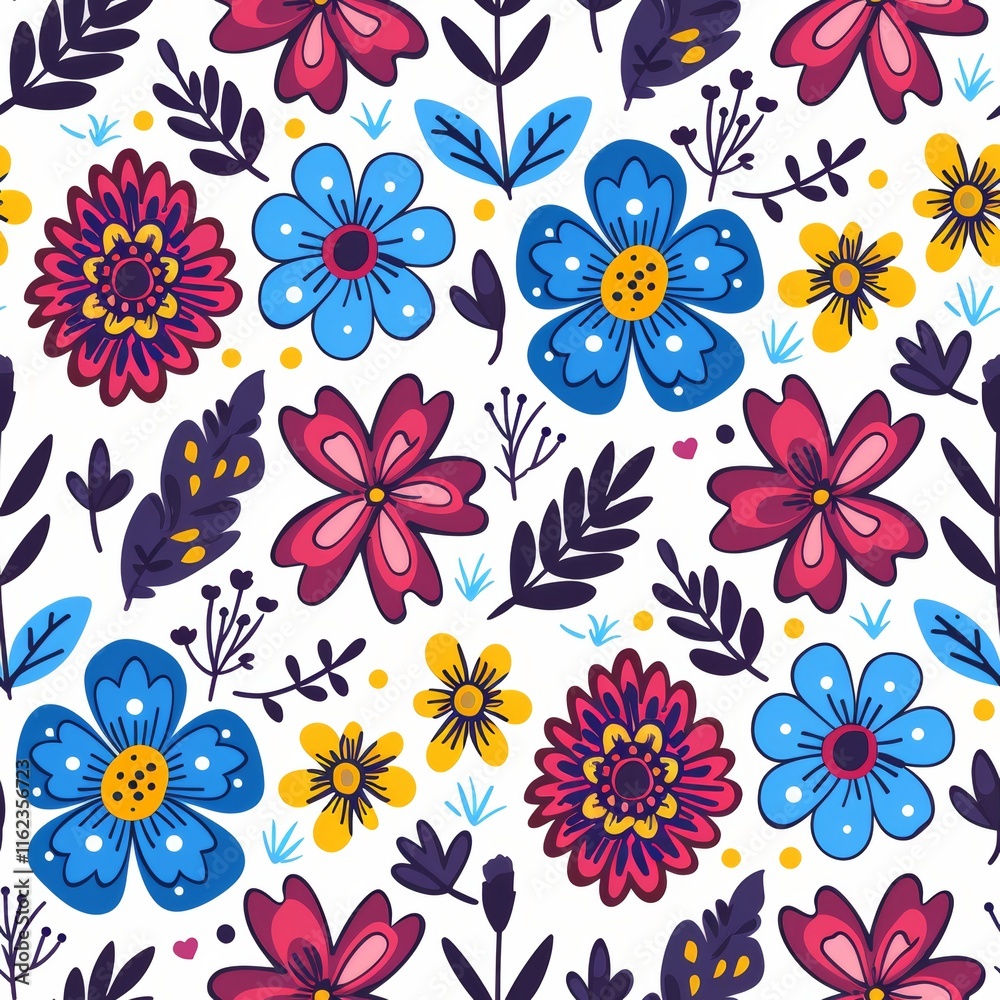 Charming floral seamless design featuring adorable wildflowers and leaves on a white canvas Charming floral seamless design featuring adorable wildflowers and leaves on a white canvas