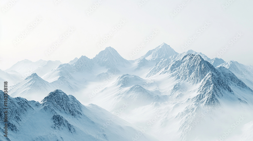 Obraz premium Snowy mountain peaks under a cloudy sky in wintertime landscape