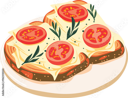 sandwich with tomato and cheese. vector flat illustration on white isolated background. Italian bruschetta. Toasted bread with tomatoes, cheese, basil, balsamic vinegar. 