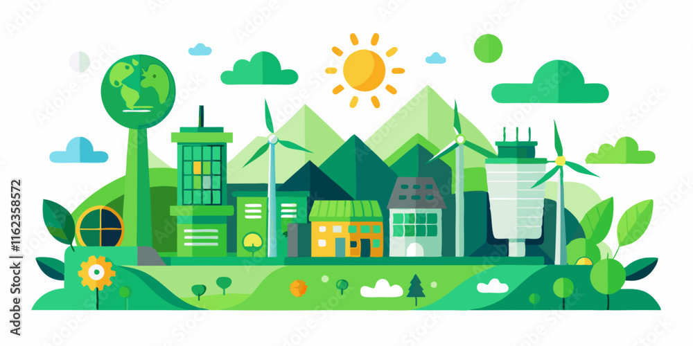 Green City Design: Sustainable Urban Living with Renewable Energy and Eco-Friendly Architecture.Green city horizontal banner in geometric flat style. Ecology,sustainable poster. Green City Design: Sustainable Urban Living with Renewable Energy and Eco-Friendly Architecture.Green city horizontal banner in geometric flat style. Ecology,sustainable poster.