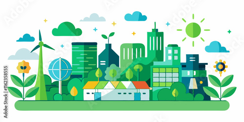 Green City Design: Sustainable Urban Living with Renewable Energy and Eco-Friendly Architecture.Green city horizontal banner in geometric flat style. Ecology,sustainable poster.