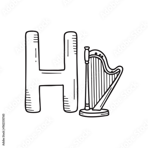 An illustration of letter H beside Harp