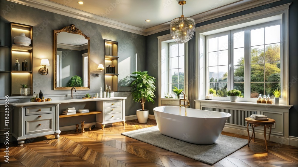 Gray walls create a sophisticated backdrop for a double vanity, freestanding tub, and built-in makeup shelf in this luxurious bathroom. Gray walls create a sophisticated backdrop for a double vanity, freestanding tub, and built-in makeup shelf in this luxurious bathroom.