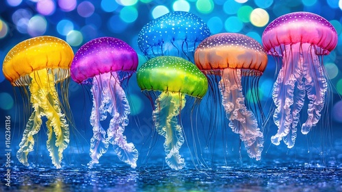   A cluster of vibrant jellyfish float gracefully above a cerulean sea, accompanied by an array of similarly hued counterparts photo