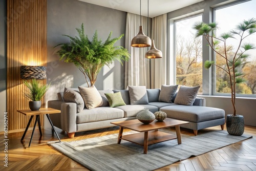 Grey rug anchors a modern living room, featuring a modular sofa, artistic wooden sculpture, and a vase of branches. photo