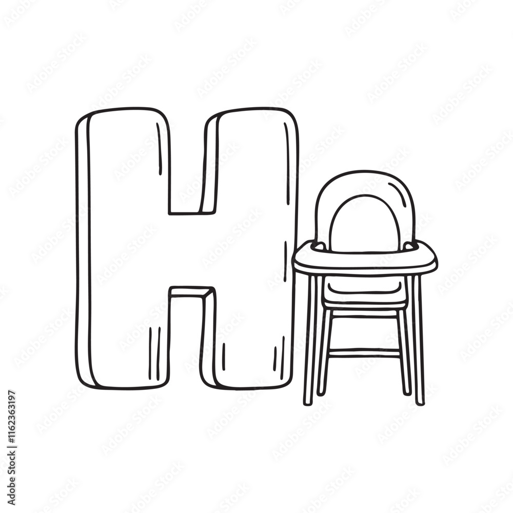 An illustration of letter H beside Highchair An illustration of letter H beside Highchair