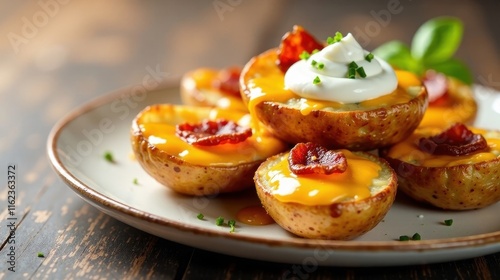 Delicious cheesy potato skins with bacon bits and creamy topping served on a plate