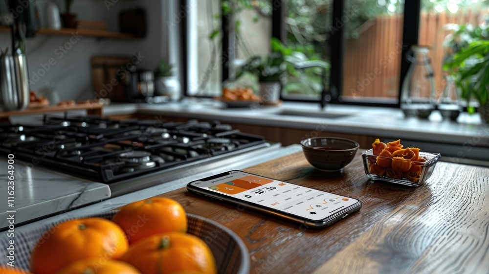 Smartphone on wooden table in modern kitchen with oranges and a cup of coffee Smartphone on wooden table in modern kitchen with oranges and a cup of coffee