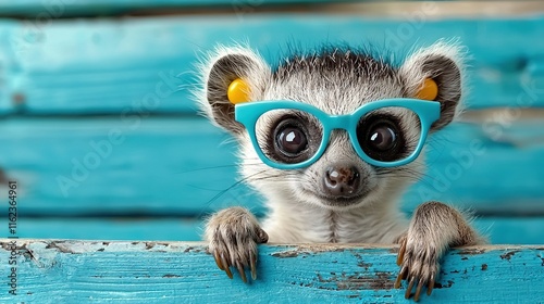   A tiny creature wearing eyeglasses perches over a blue wooden railing, gazing out at a blue-painted backdrop