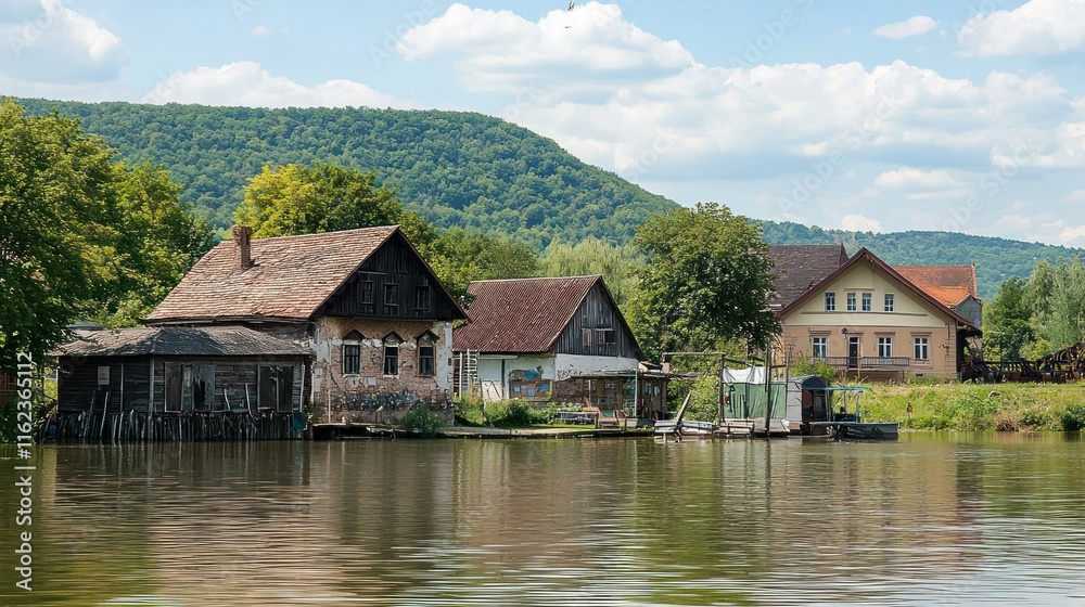 Tranquil riverside scene with rustic houses and greenery. Tranquil riverside scene with rustic houses and greenery.